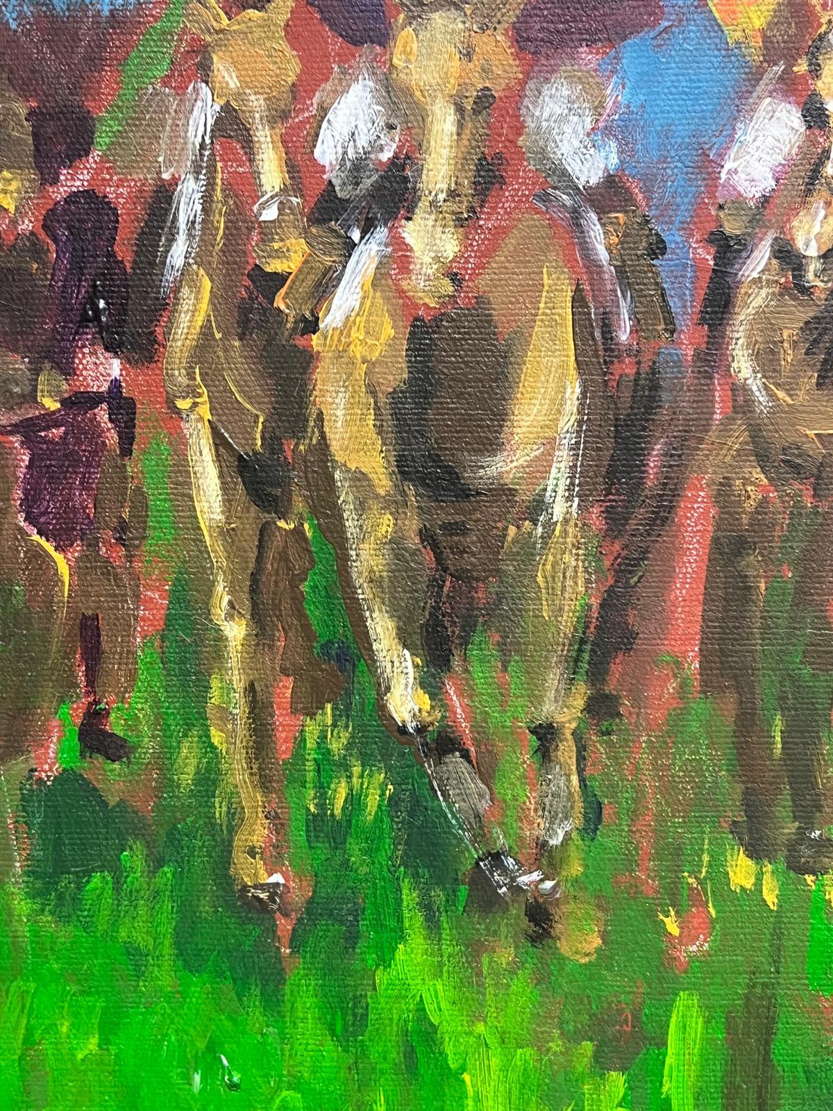 Bright Contemporary Oil Painting of Jockeys Horse Racing Flat Out Full Pace For Sale 3