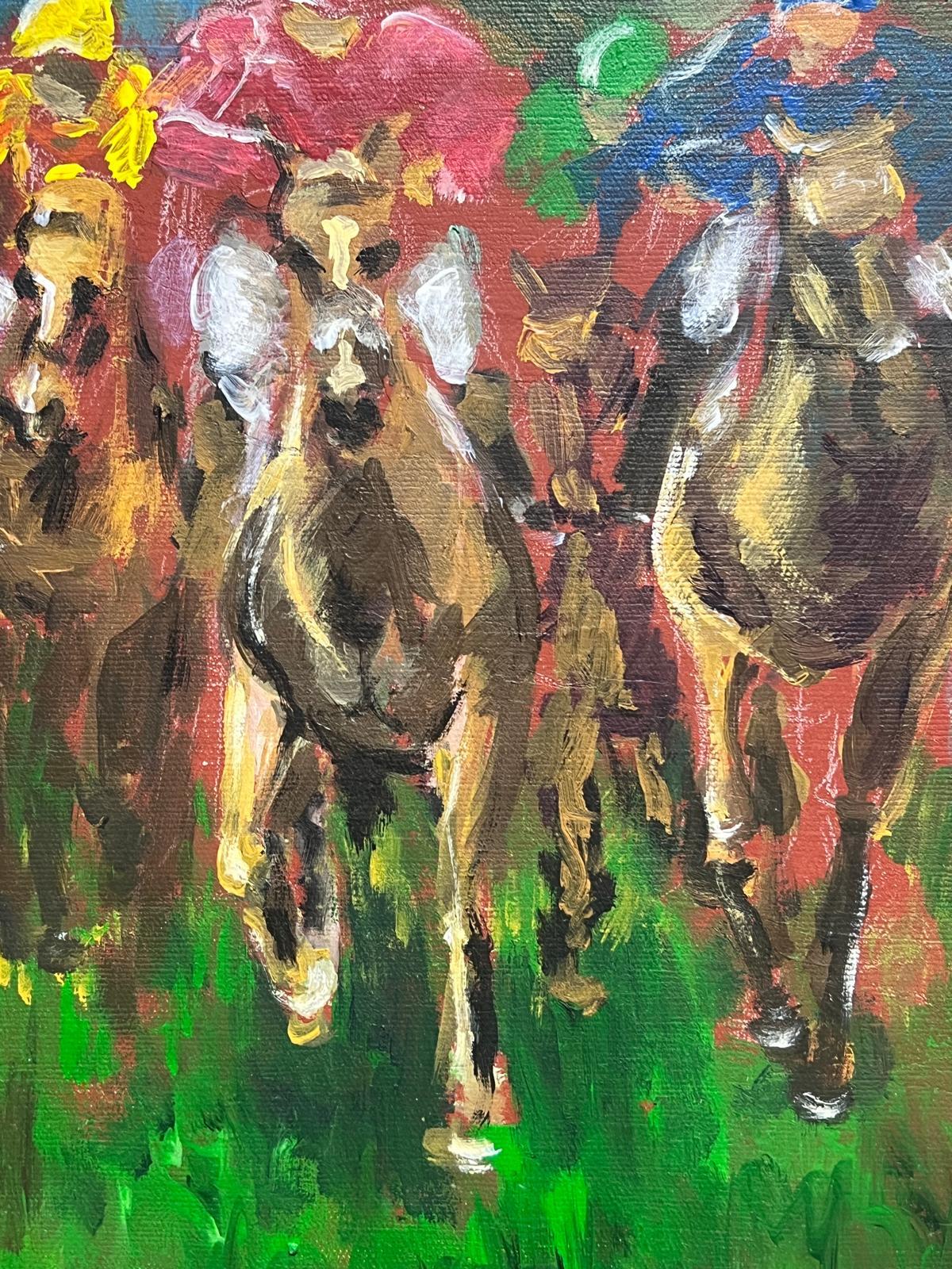Bright Contemporary Oil Painting of Jockeys Horse Racing Flat Out Full Pace For Sale 4