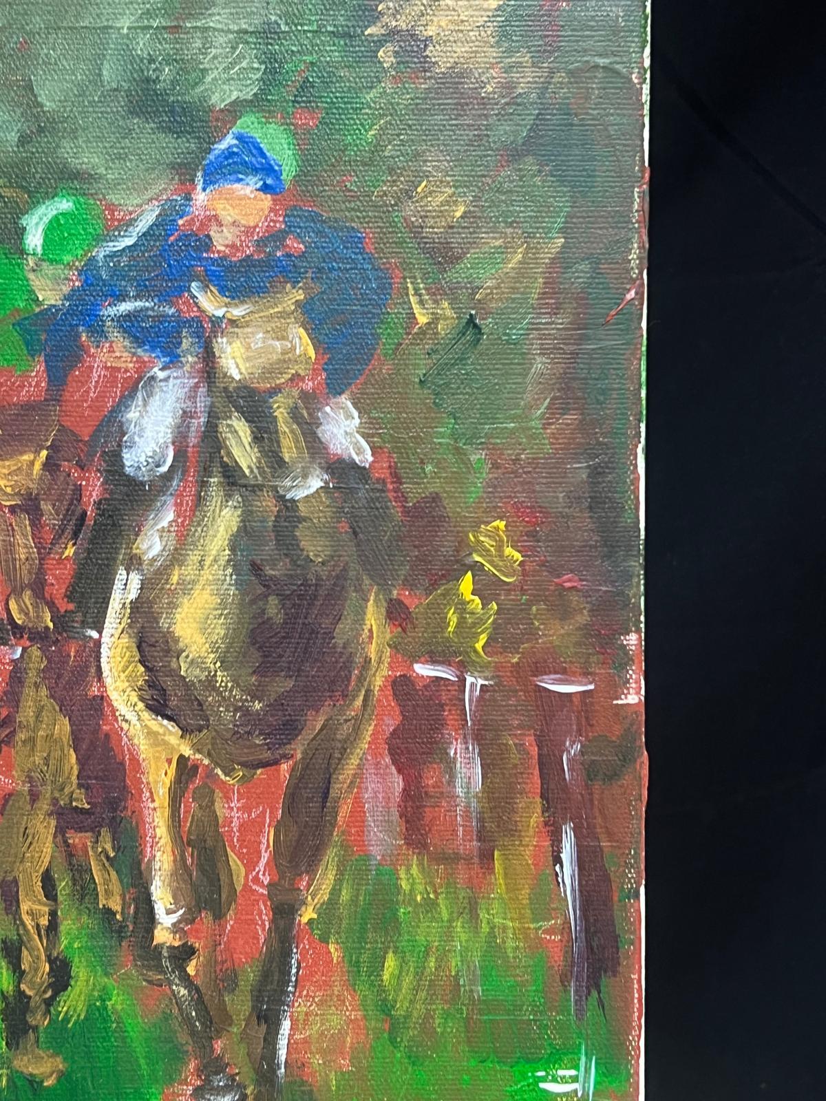 Bright Contemporary Oil Painting of Jockeys Horse Racing Flat Out Full Pace For Sale 5