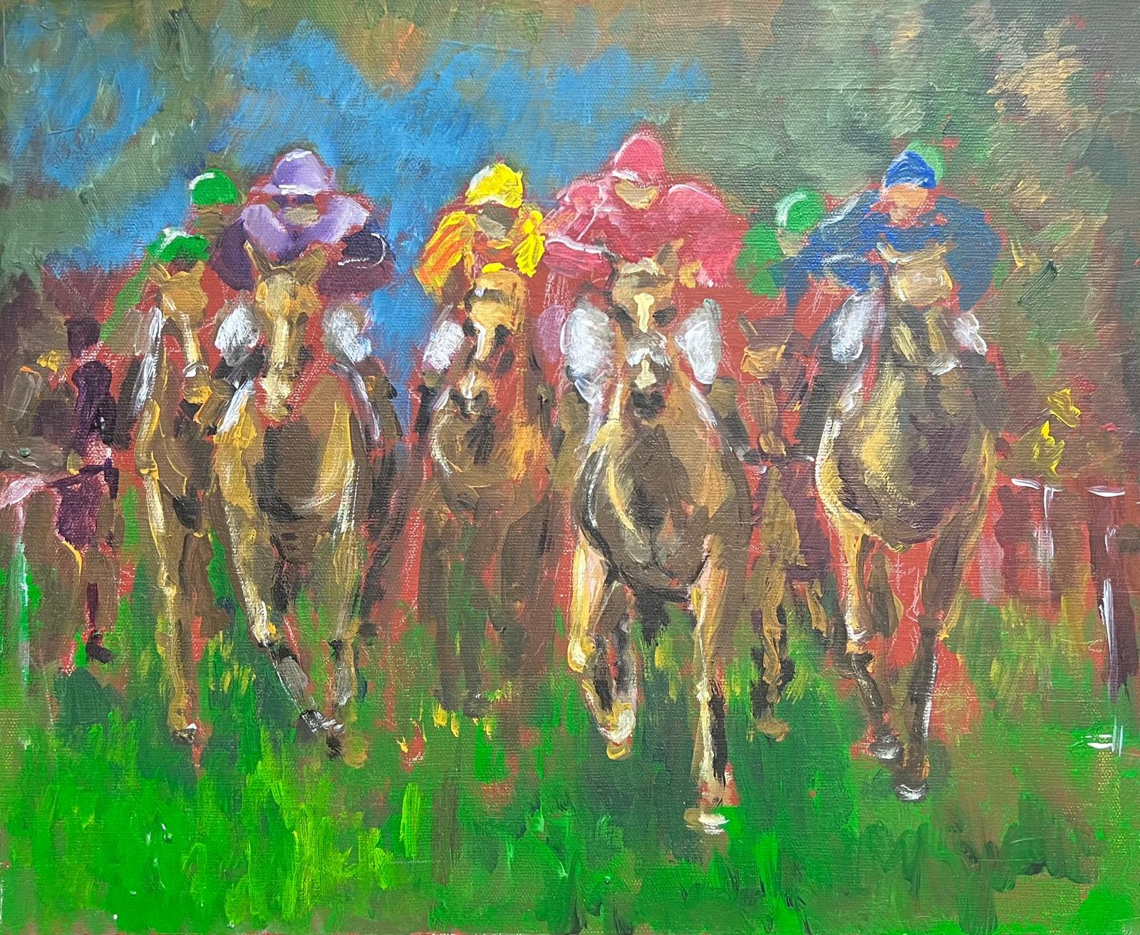 French School Landscape Painting - Bright Contemporary Oil Painting of Jockeys Horse Racing Flat Out Full Pace
