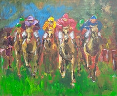 Peinture à l'huile contemporaine de jockeys de course de chevaux à pleine allure.