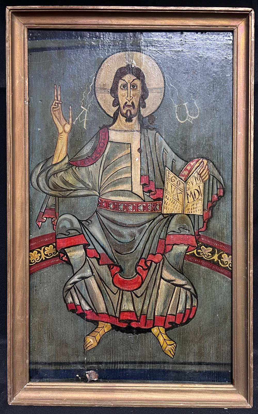 Byzantine Style Icon Painting Christ in Majesty Oil Painting on Wood Panel - Gray Figurative Painting by French School