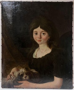 c. Dipinto a olio su tela francese del 1800 Giovane ragazza con cane da compagnia in grembo