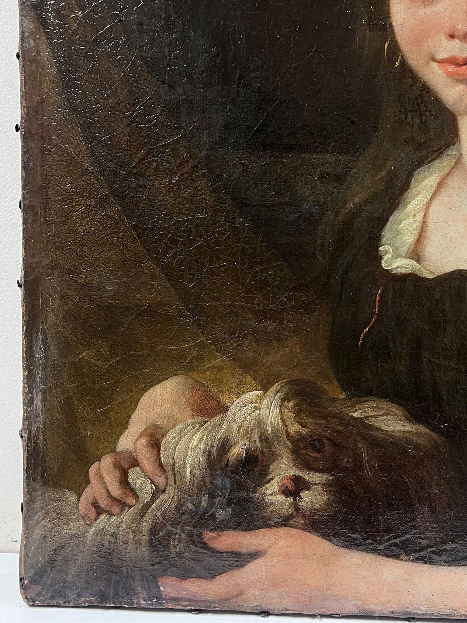c. 1800's French Oil Painting on Canvas Young Girl with Pet Dog on Lap For Sale 2