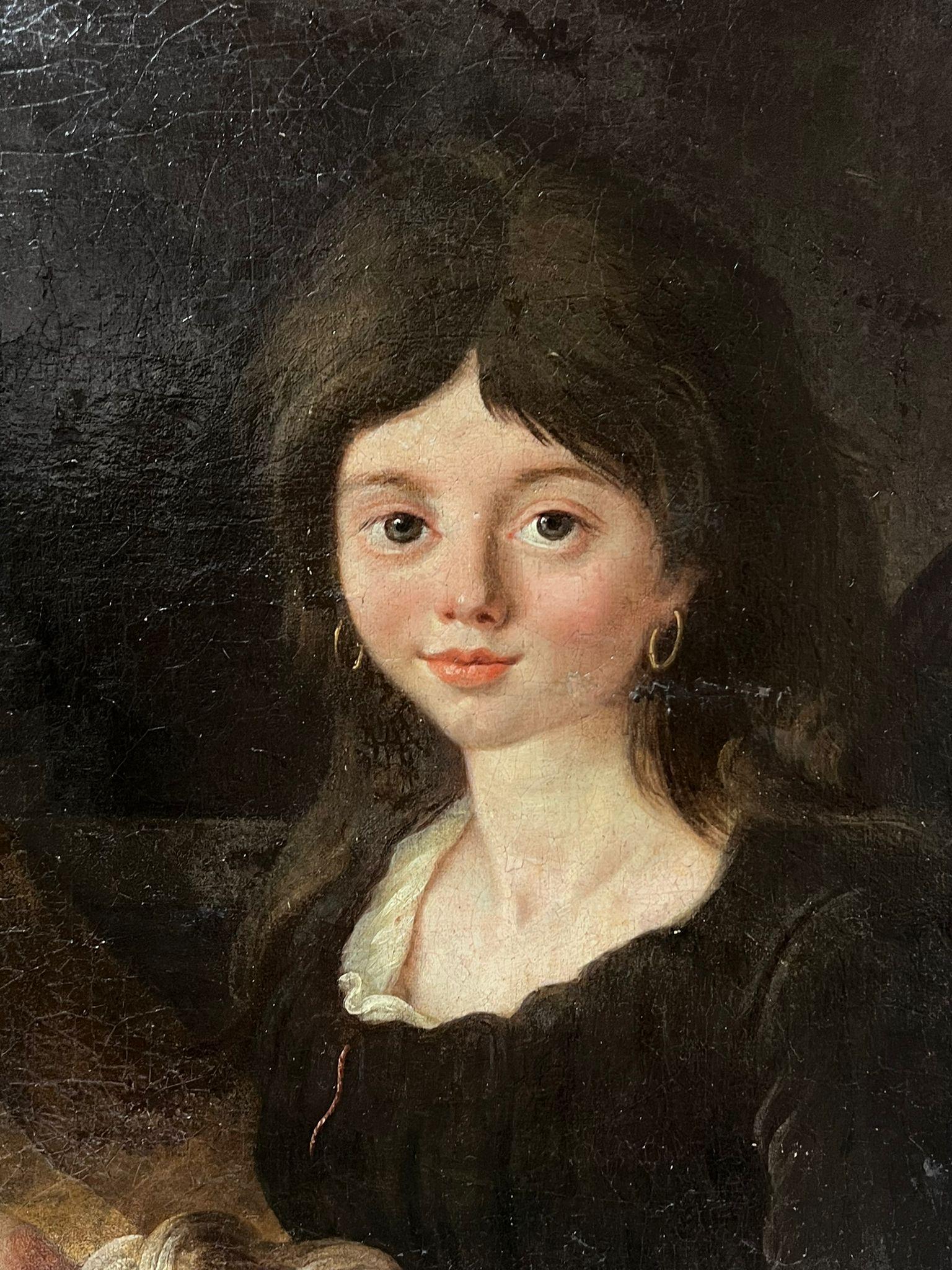 c. 1800's French Oil Painting on Canvas Young Girl with Pet Dog on Lap For Sale 4