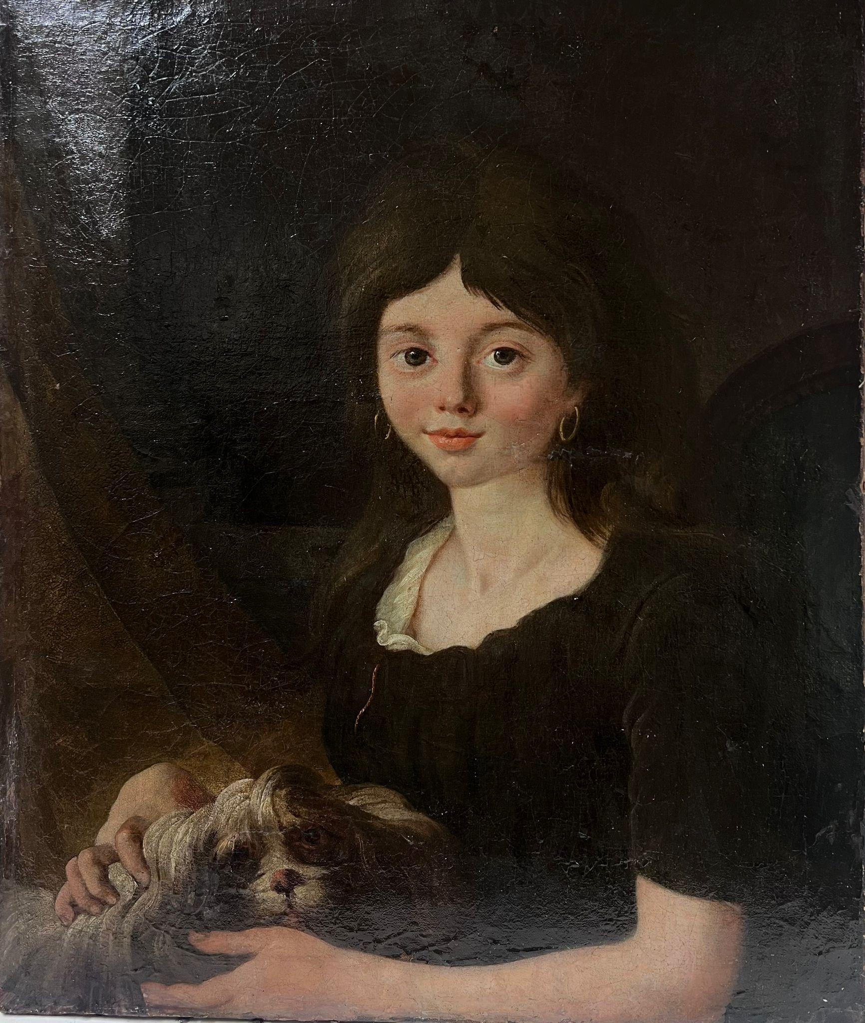 French School Portrait Painting - c. 1800's French Oil Painting on Canvas Young Girl with Pet Dog on Lap