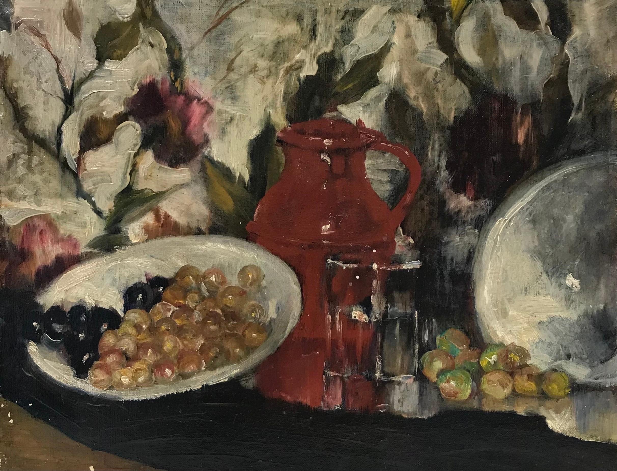 C. 1900 French Impressionist Oil Painting, Still Life Red Jug, Flowers & Fruit