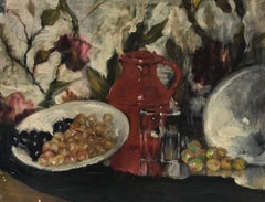 C. 1900 French Impressionist Oil Painting, Still Life Red Jug, Flowers & Fruit