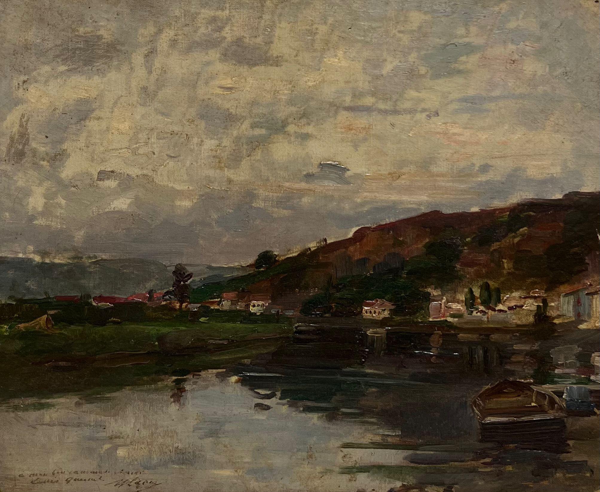c. 1900 Oleo Impresionista Francés Firmado Paisaje fluvial al atardecer - Painting de French School