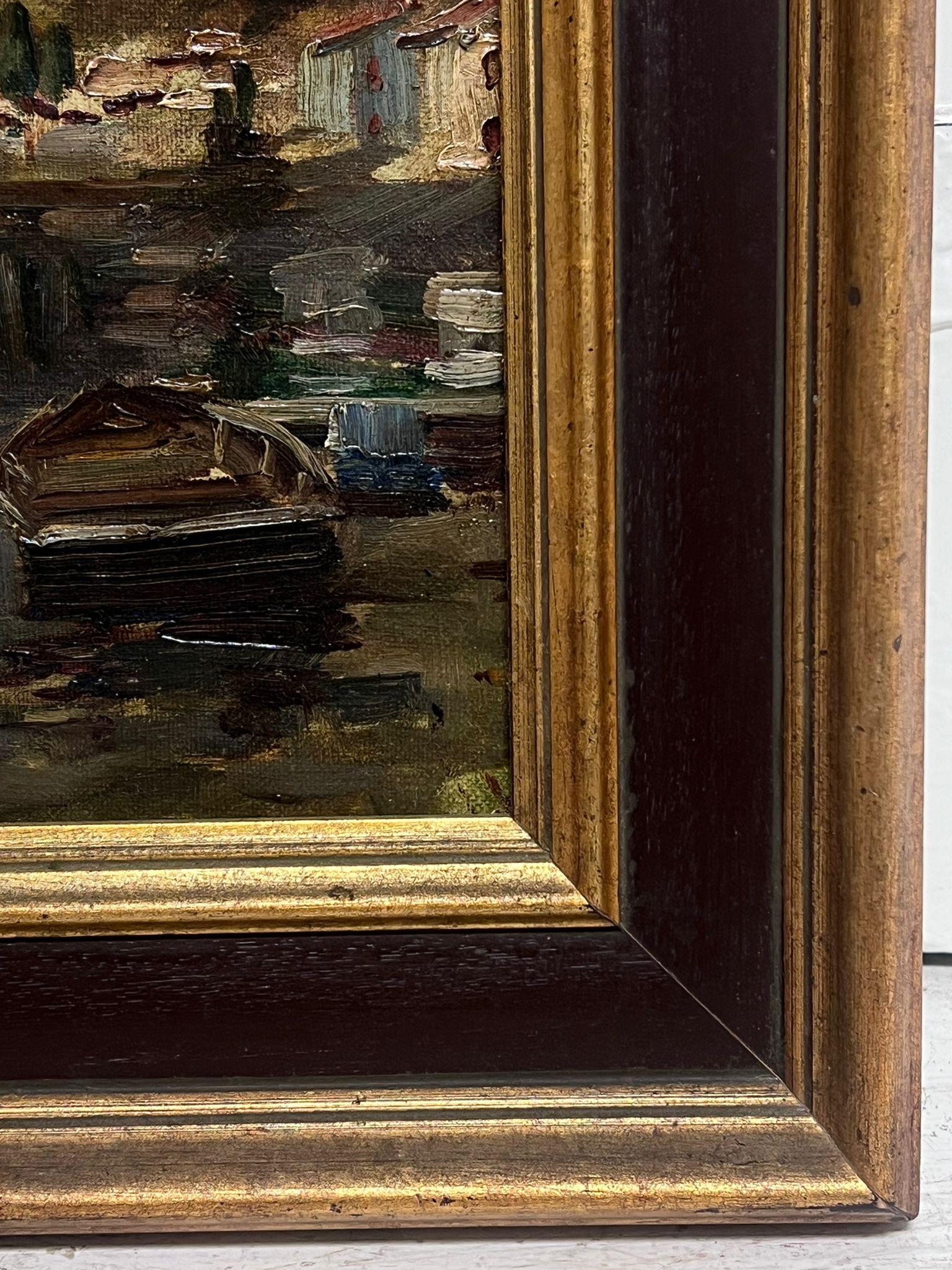 c. 1900 Oleo Impresionista Francés Firmado Paisaje fluvial al atardecer - Landscape Painting Negro de French School