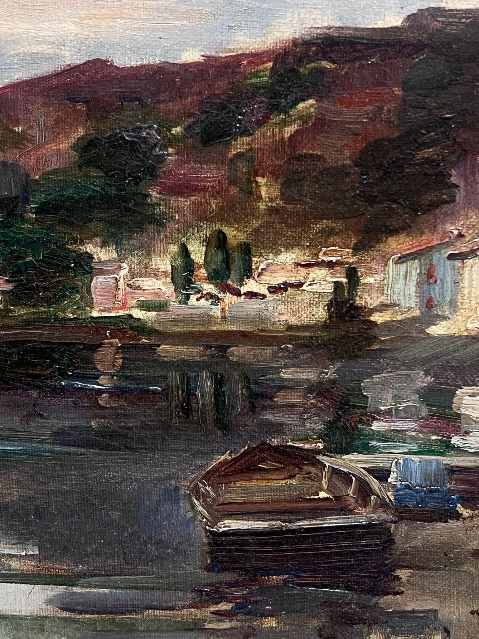 Crepúsculo en el río
Artista impresionista francés, hacia 1900
firmado e inscrito indistintamente en la esquina inferior
óleo sobre lienzo, enmarcado
enmarcado: 18 x 21 pulgadas
lienzo: 13 x 16 pulgadas
procedencia: colección privada,
