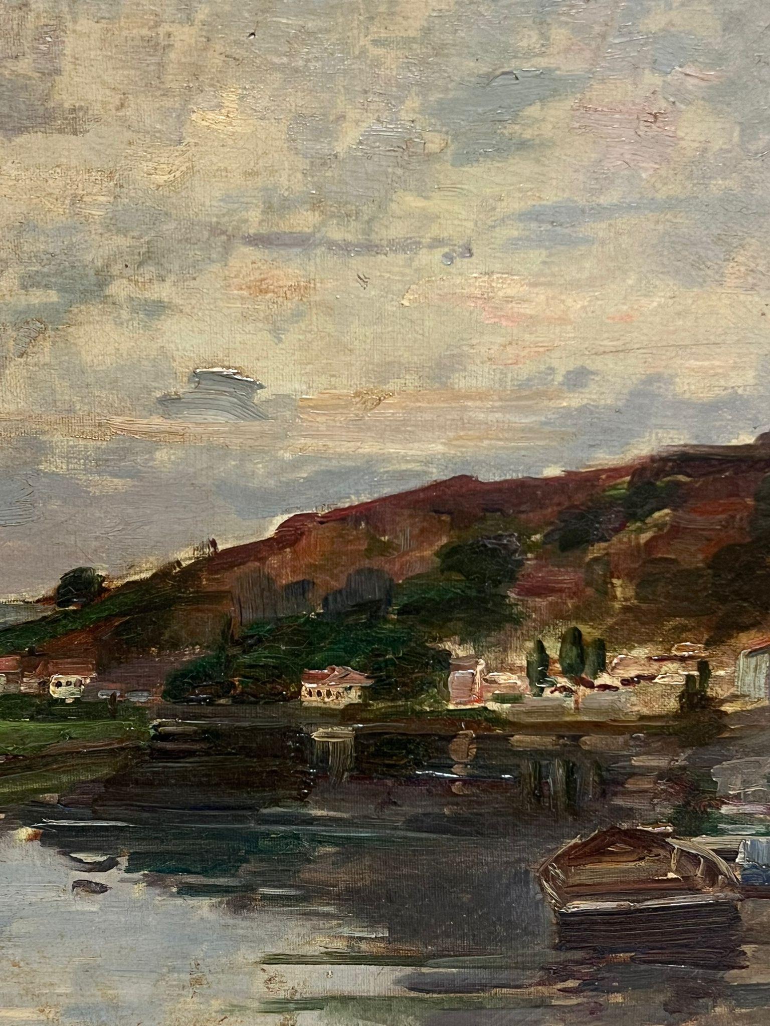 c. 1900 Oleo Impresionista Francés Firmado Paisaje fluvial al atardecer en venta 1