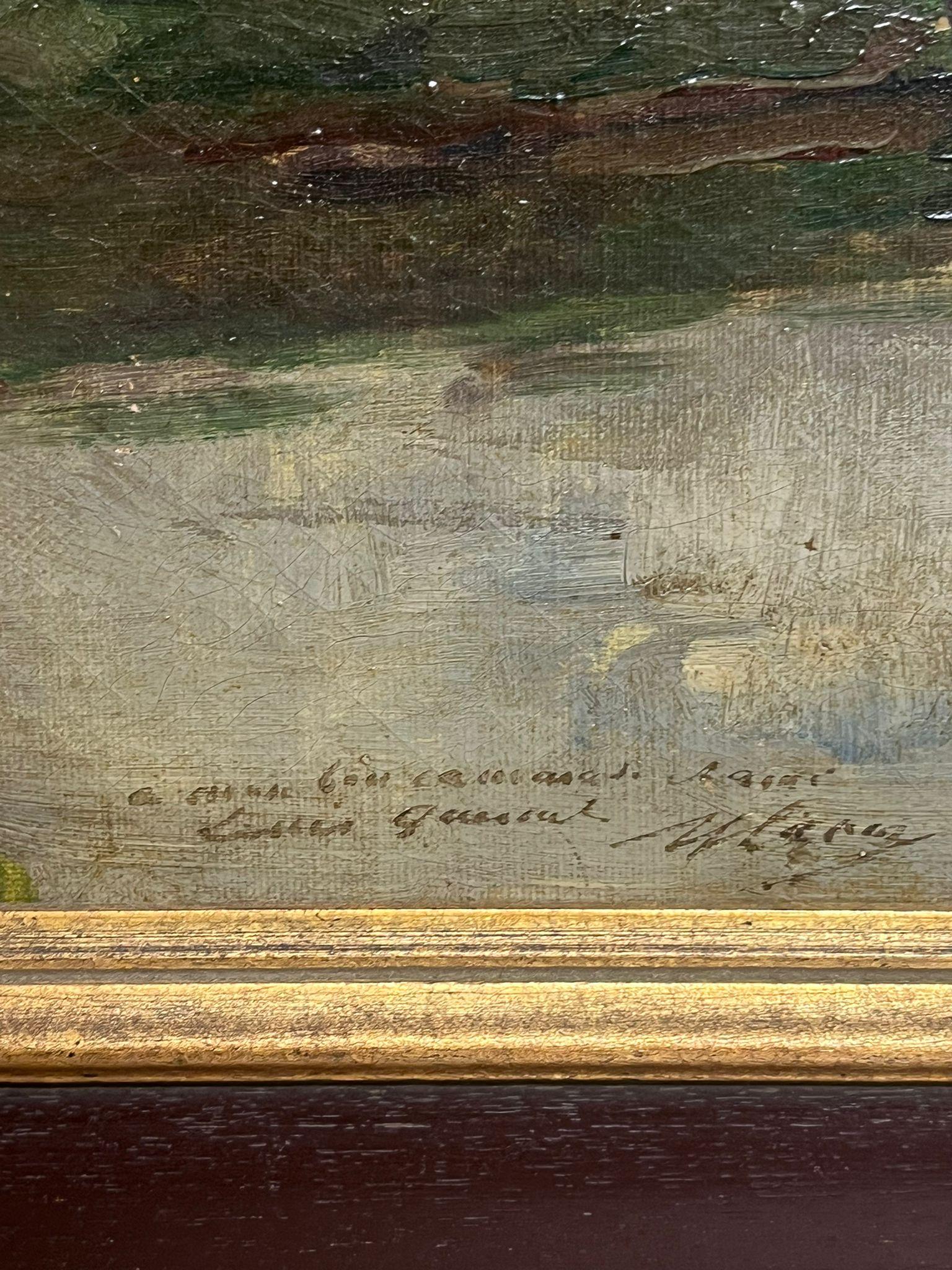 c. 1900 Oleo Impresionista Francés Firmado Paisaje fluvial al atardecer en venta 3