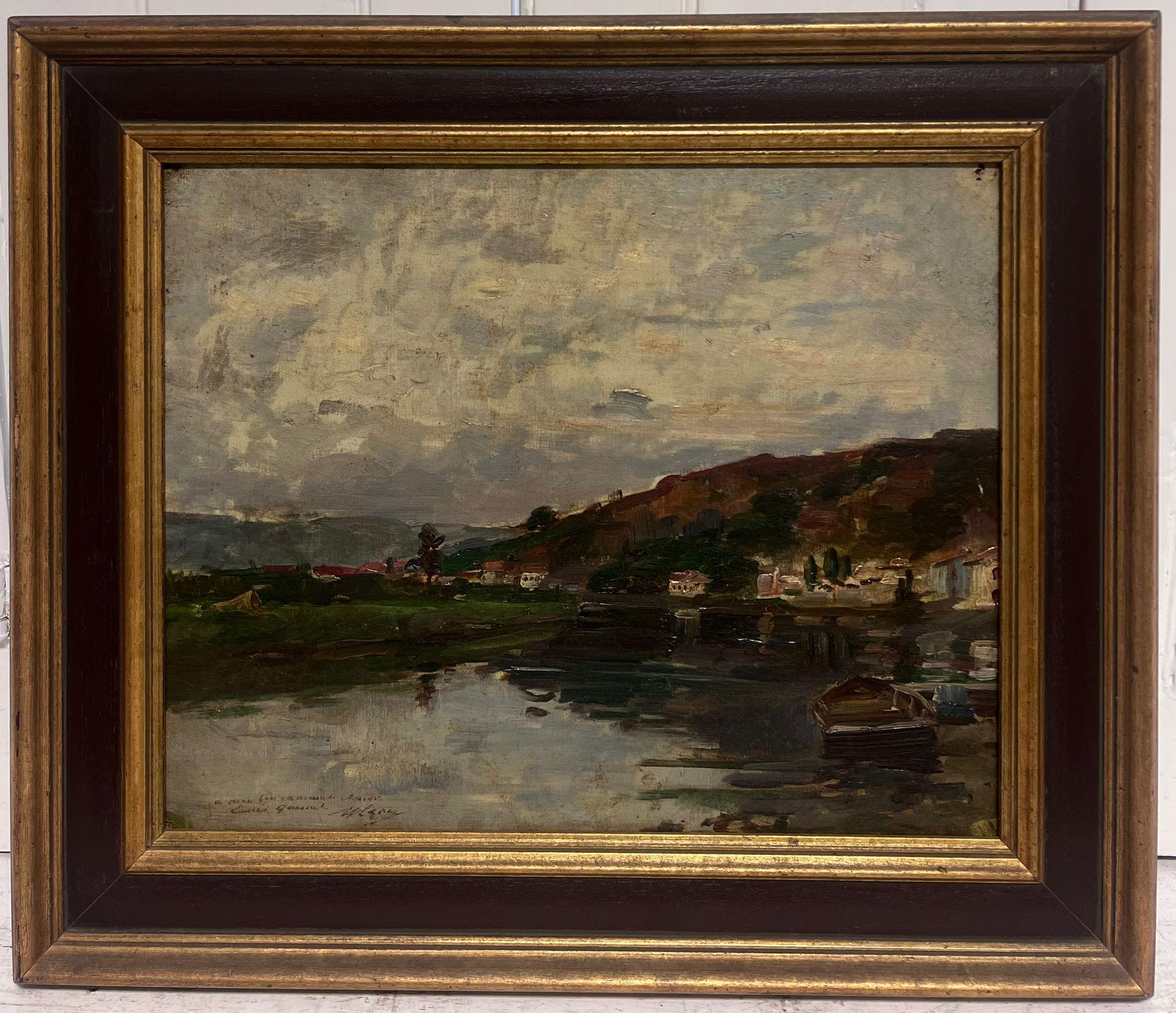 Landscape Painting de French School - c. 1900 Oleo Impresionista Francés Firmado Paisaje fluvial al atardecer