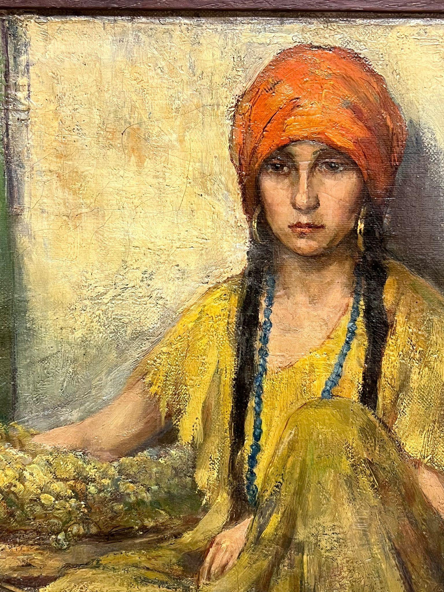 c1900 Pintura al óleo orientalista francesa El vendedor de fruta retrato - Figurative Painting Marrón de French School