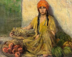 Antique c1900 French Orientalist Oil Painting The Fruit Seller portrait