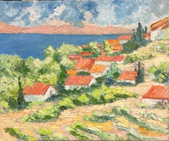 Cagnes sur Mer South of France 1970's Coastal Village Impressionist Oil Painting