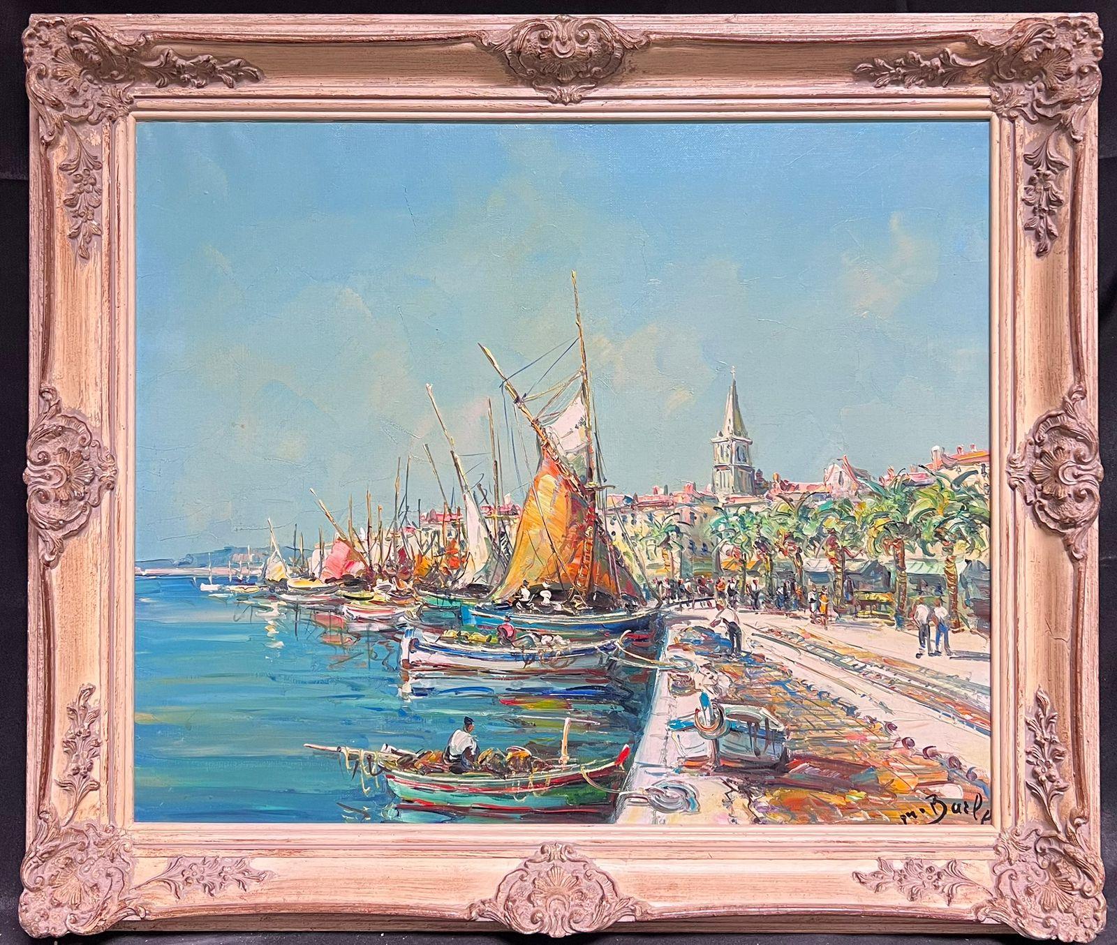 Cannes Sur de Francia Costa Azul Escena portuaria soleada con figuras Óleo firmado - Painting de French School