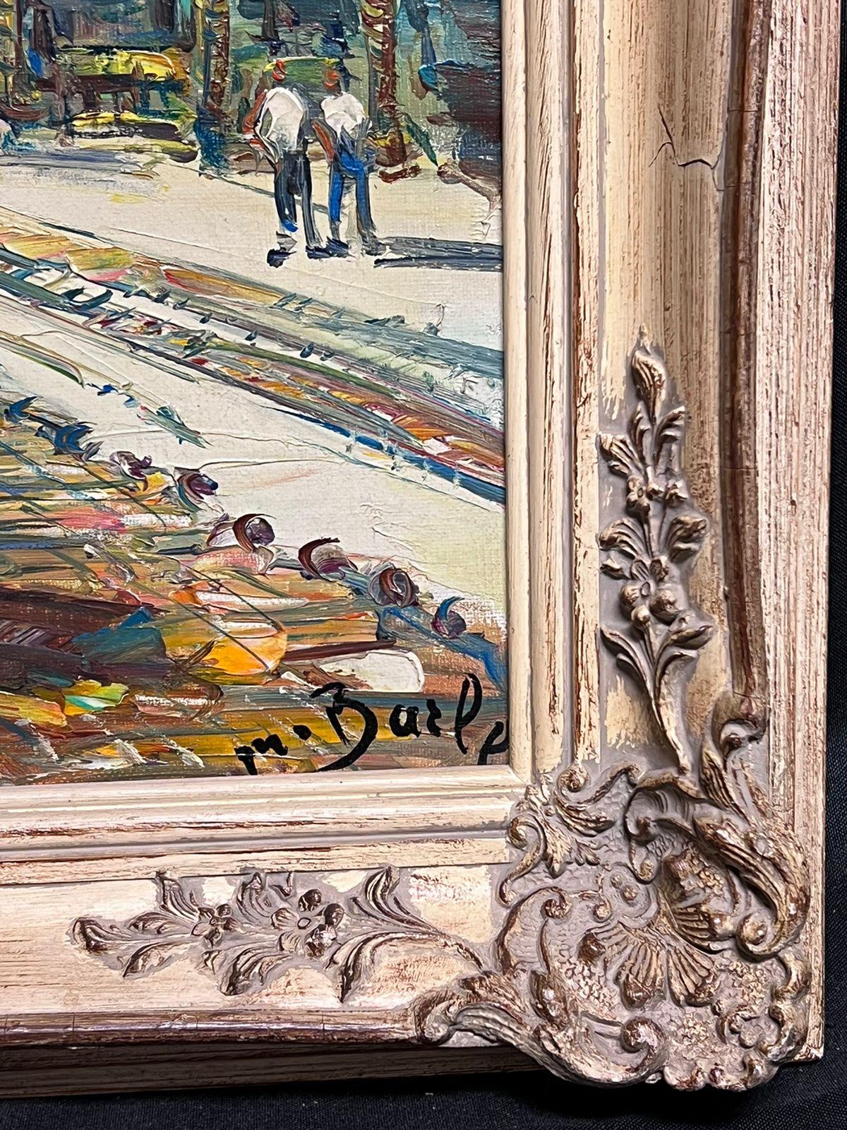 Cannes Sur de Francia Costa Azul Escena portuaria soleada con figuras Óleo firmado - Painting Moderno de French School