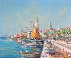 Cannes, Côte d'Azur, scène de port ensoleillée avec personnages, huile signée