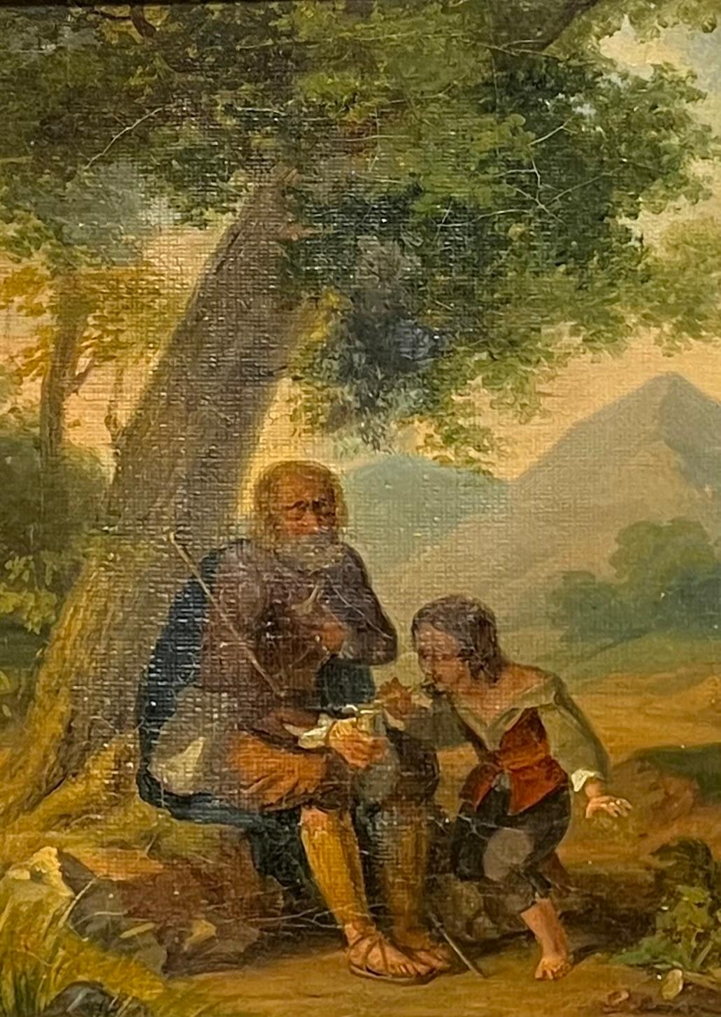 Affascinante dipinto del 1800 raffigurante un uomo anziano e un ragazzo in un paesaggio pastorale - Painting di French School