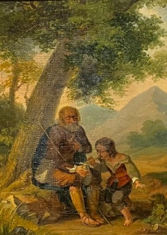 Charming 1800's Painting of an Elderly Man and Boy in a Pastoral Landscape