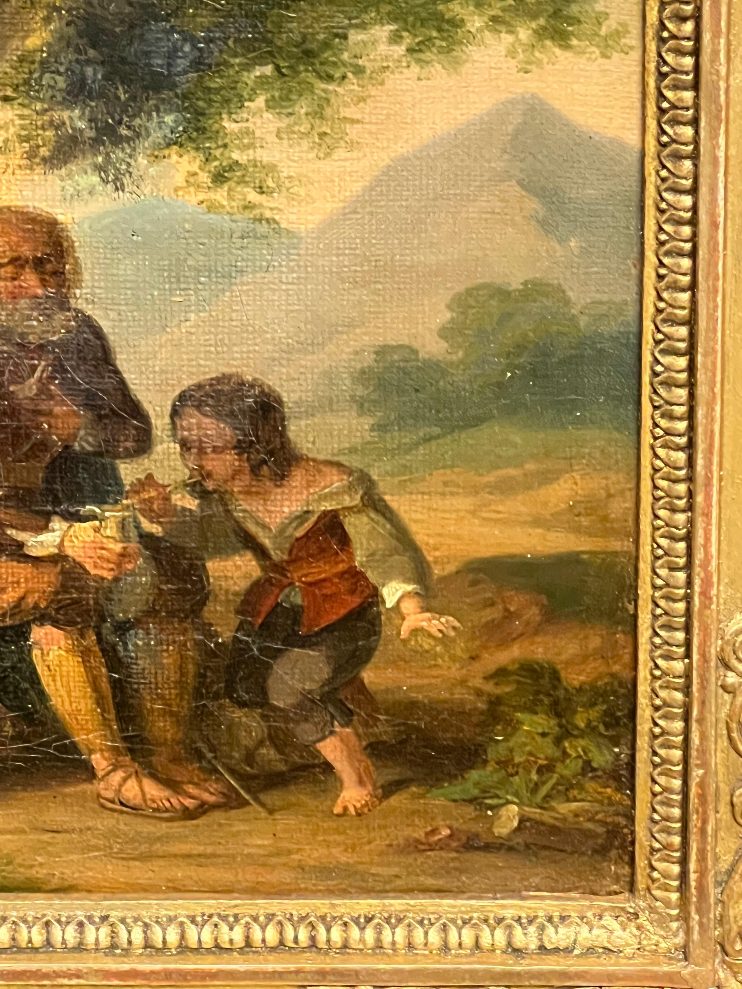 Affascinante dipinto del 1800 raffigurante un uomo anziano e un ragazzo in un paesaggio pastorale - Figurative Painting Marrone di French School