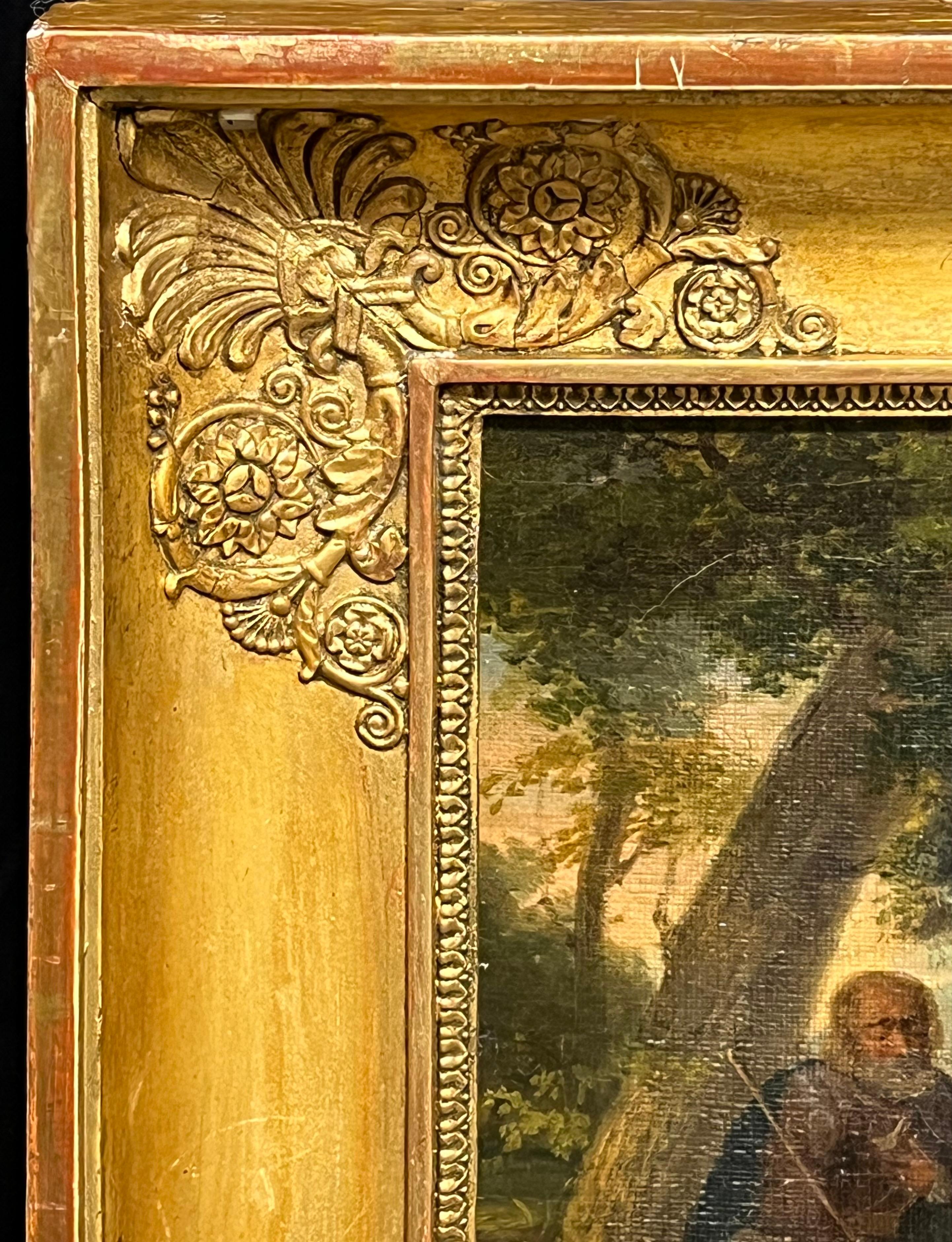 Figure in un paesaggio pastorale 
olio su tela, incorniciato in una cornice dorata d'epoca stile Impero francese
Incorniciato: 13,5 x 12,5 pollici
Tela: 9 x 6,5 pollici
Provenienza: collezione privata, Francia
Condizioni: ottime