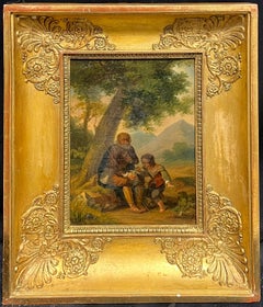 Affascinante dipinto del 1800 raffigurante un uomo anziano e un ragazzo in un paesaggio pastorale