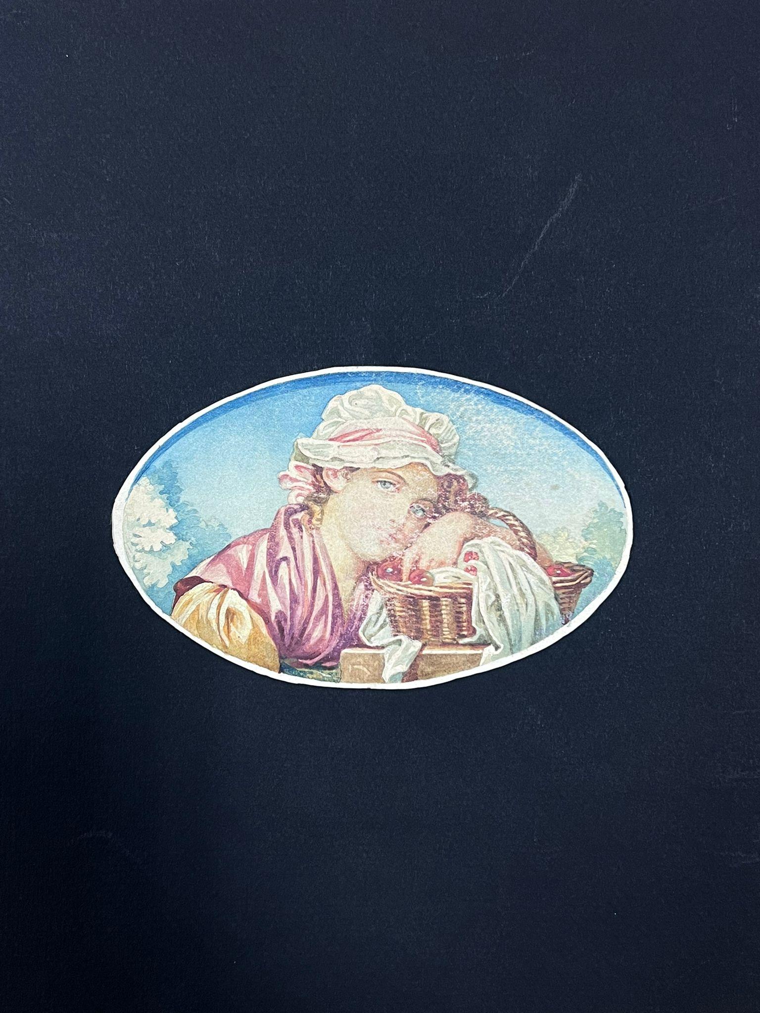 Incantevole ritratto ovale ad acquerello di una giovane donna con cesto di frutta - Painting di French School
