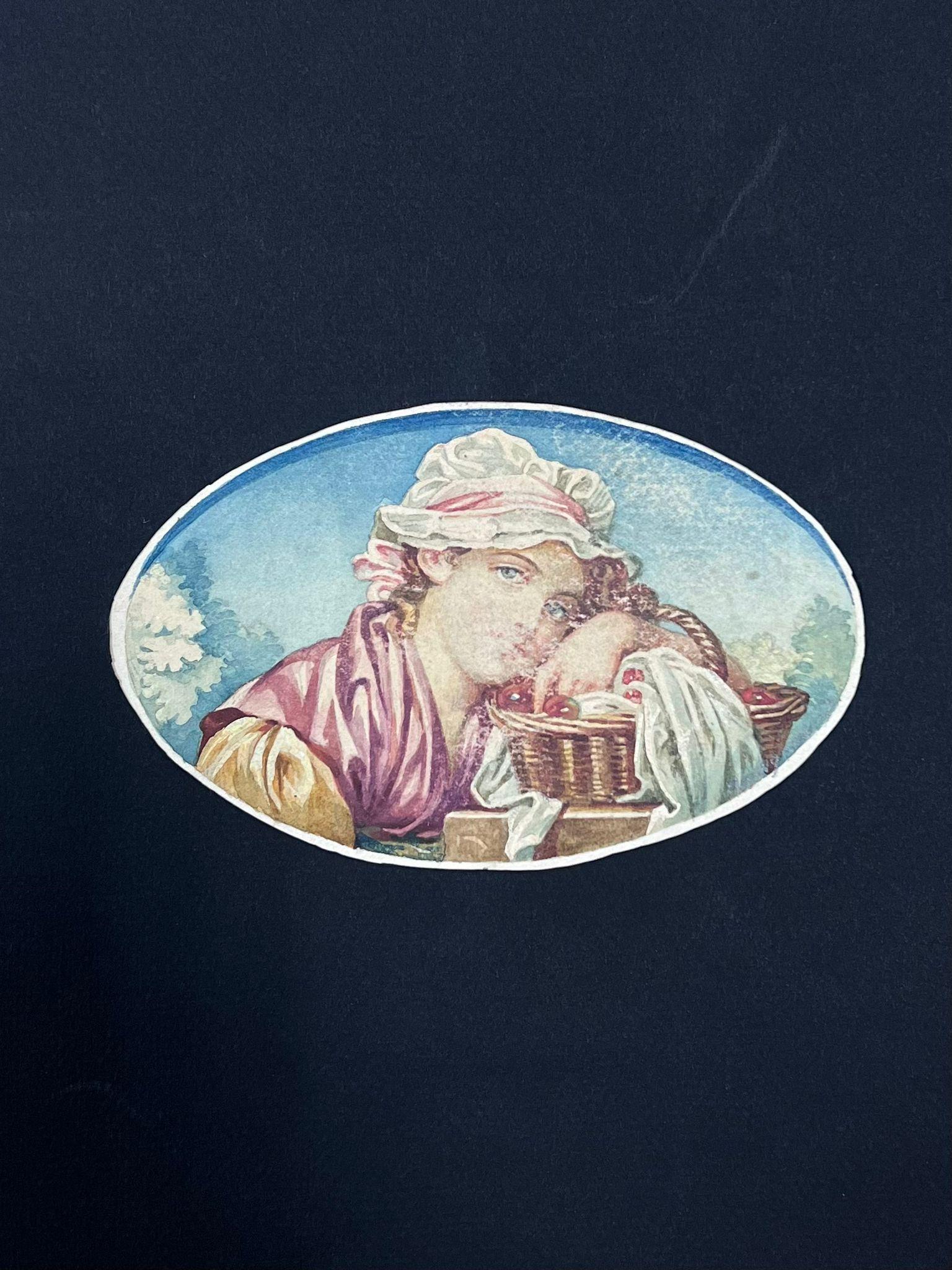 Incantevole ritratto ovale ad acquerello di una giovane donna con cesto di frutta - Painting Moderno di French School