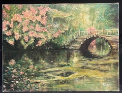 Cherry Blossom Trees over Lake Antique French Impressionist Signed Oil Painting