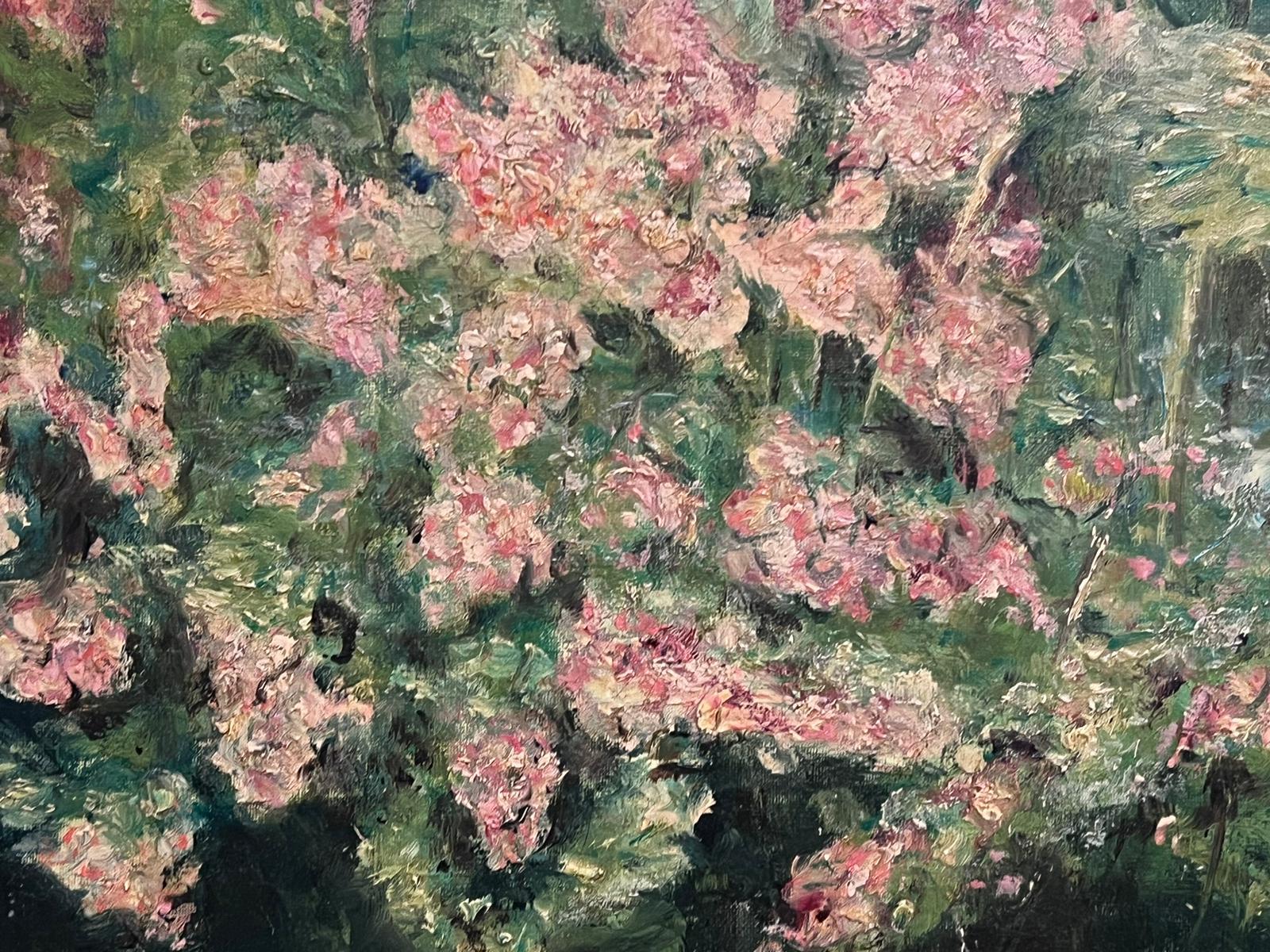 Cherry Blossom Trees over Lake Antique French Impressionist Signed Oil Painting For Sale 1