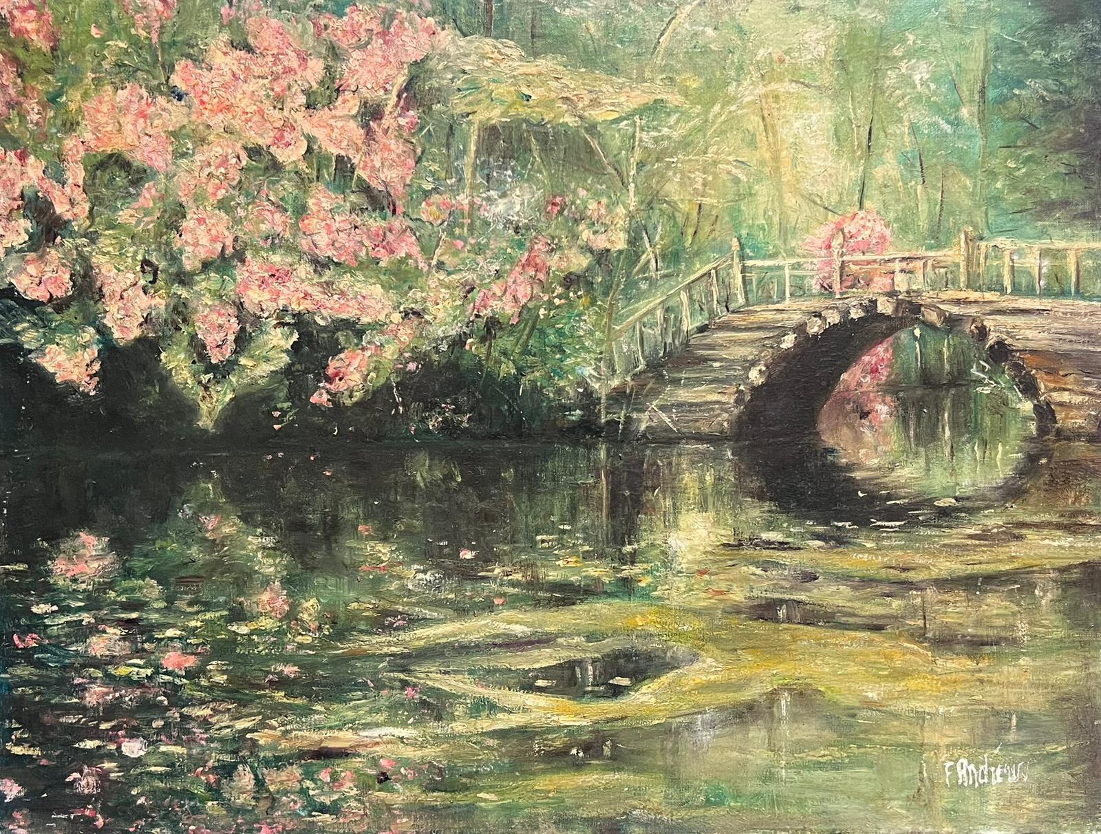French School Landscape Painting - Cherry Blossom Trees over Lake Antique French Impressionist Signed Oil Painting