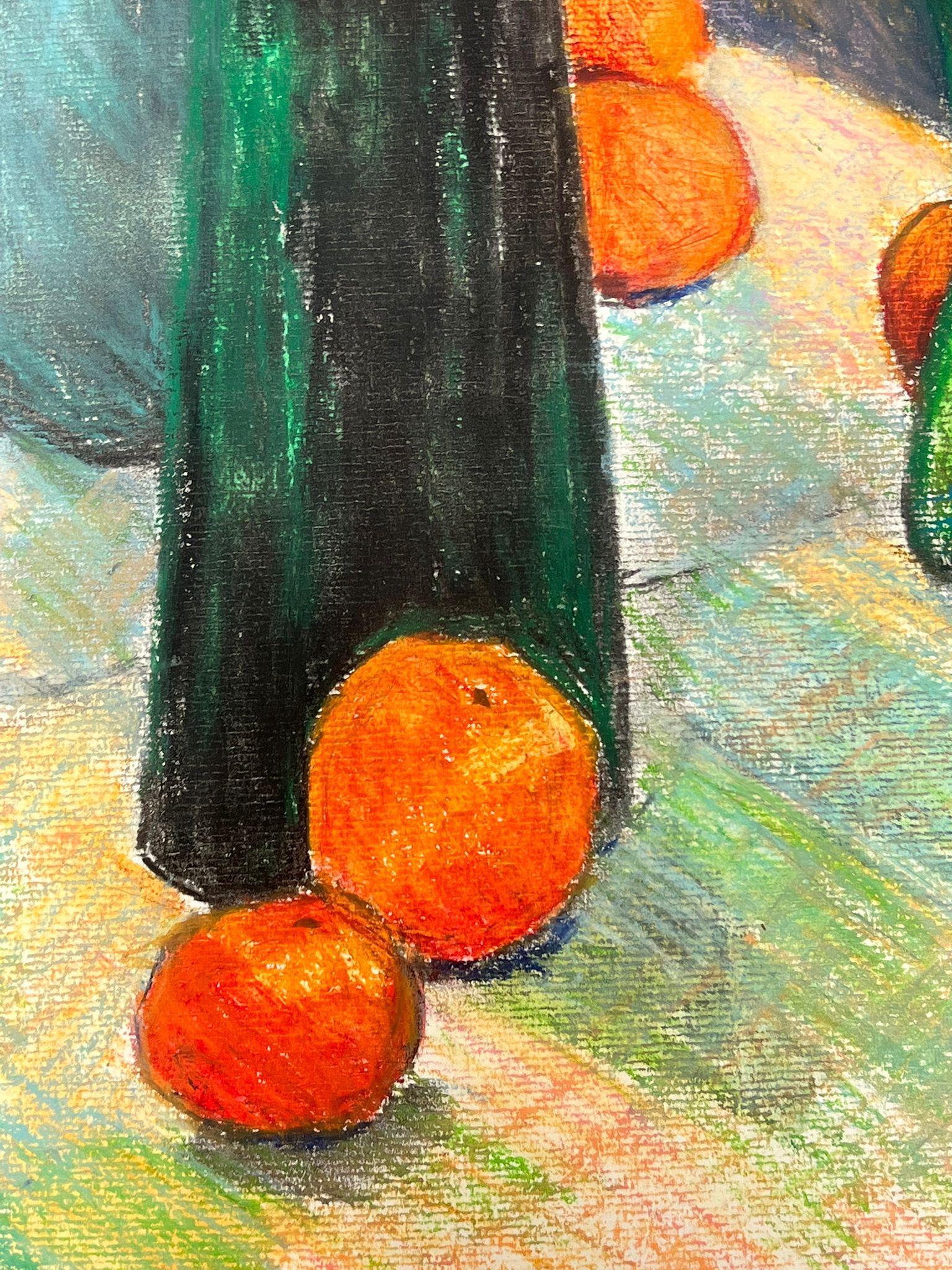Composizione di natura morta colorata con vasi di vetro verdi e arance fresche - Painting Impressionismo di French School