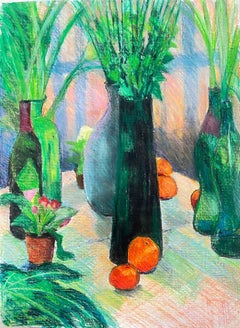 Colorful Still Life Composition with Green Glass Vases and Fresh Oranges