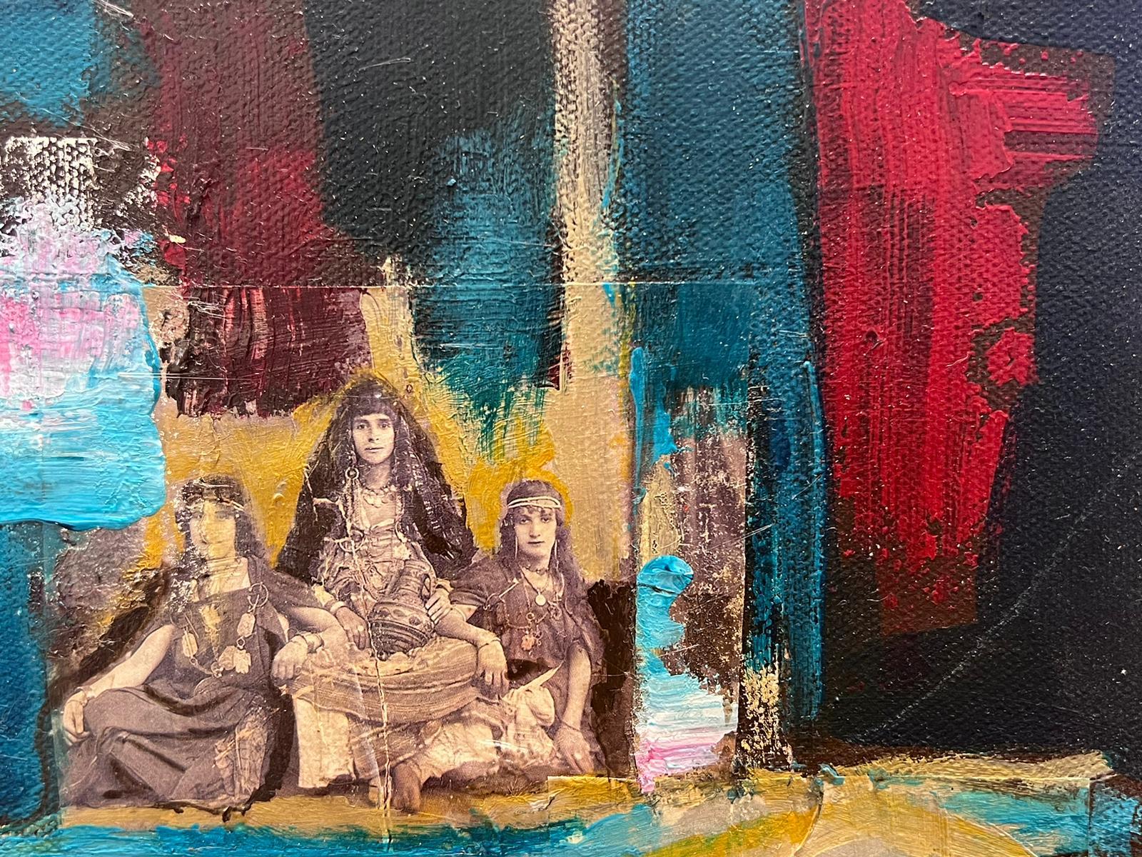 Pittura contemporanea francese astratta surrealista a tecnica mista con collage 1
