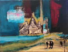 Pittura contemporanea francese astratta surrealista a tecnica mista con collage