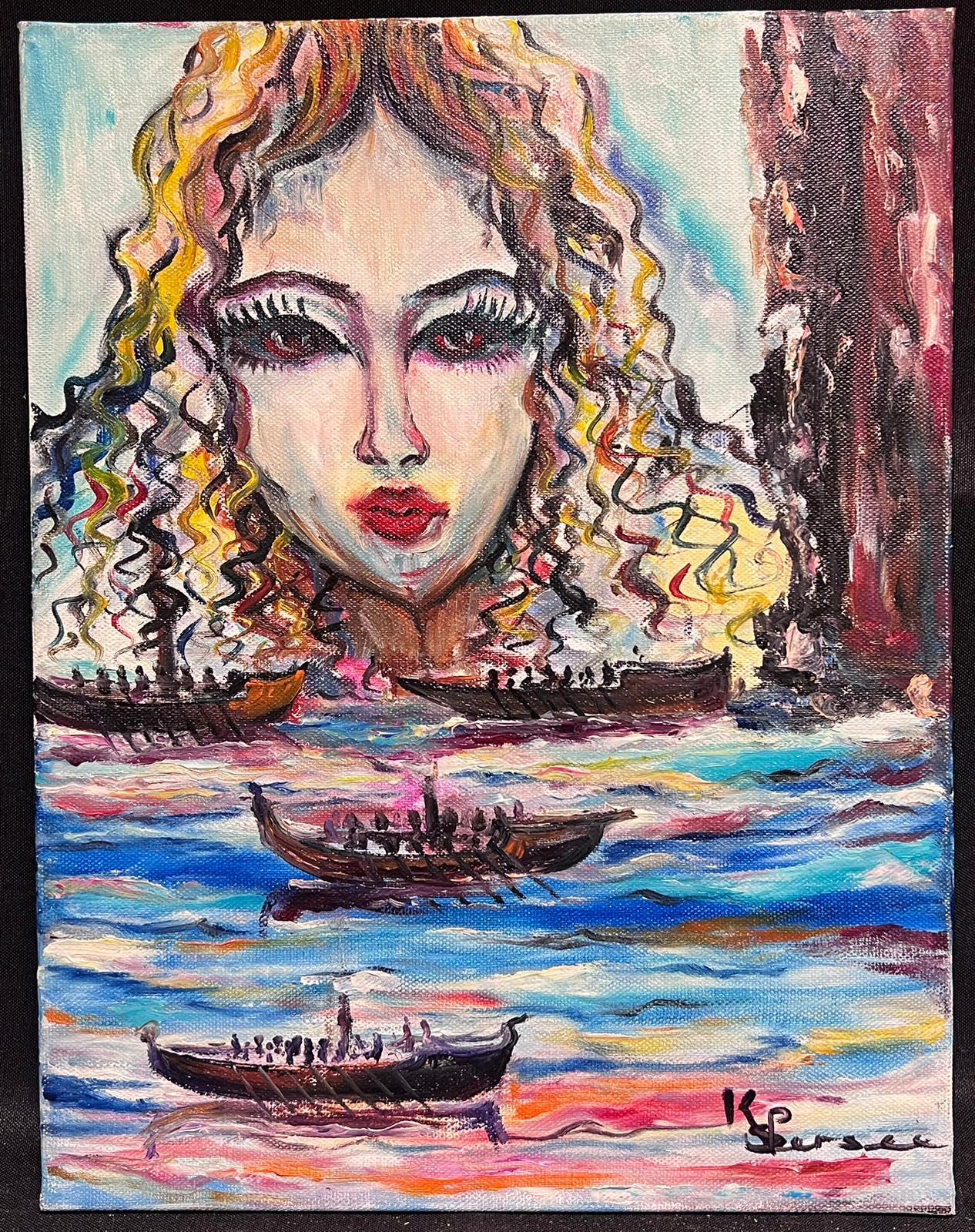 Contemporary French Modernist Signed Oil Head Portrait of Lady over Gondolas - Painting by French School