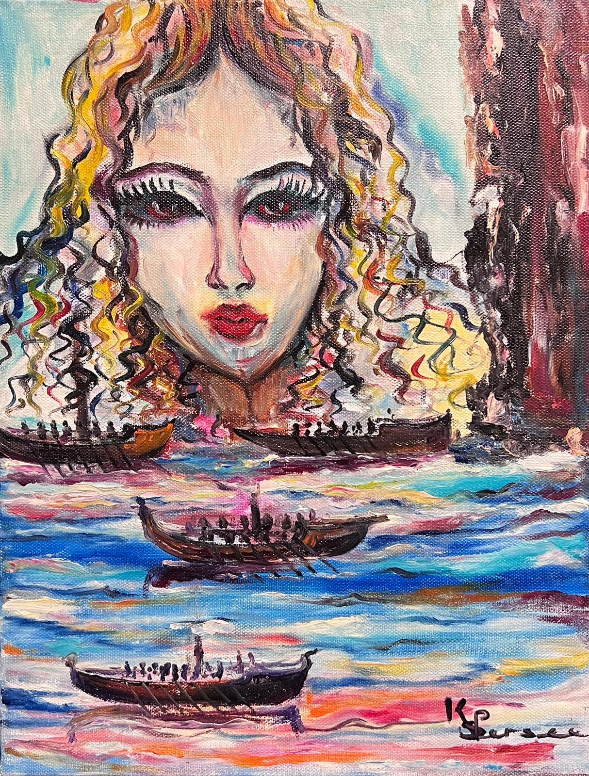 French School Landscape Painting - Contemporary French Modernist Signed Oil Head Portrait of Lady over Gondolas
