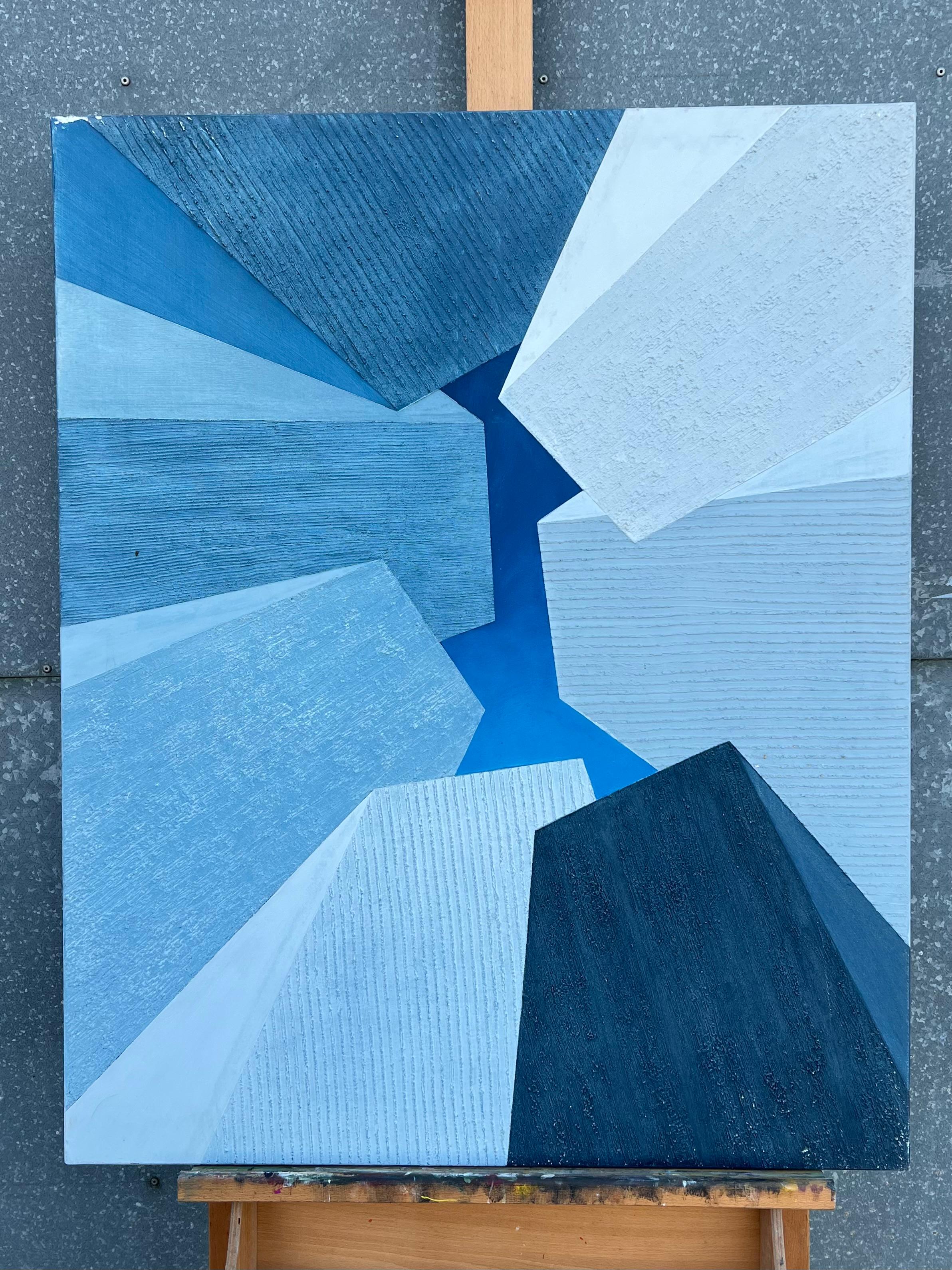 Azules convergentes Abstracción geométrica en tonos azules - Painting de French School