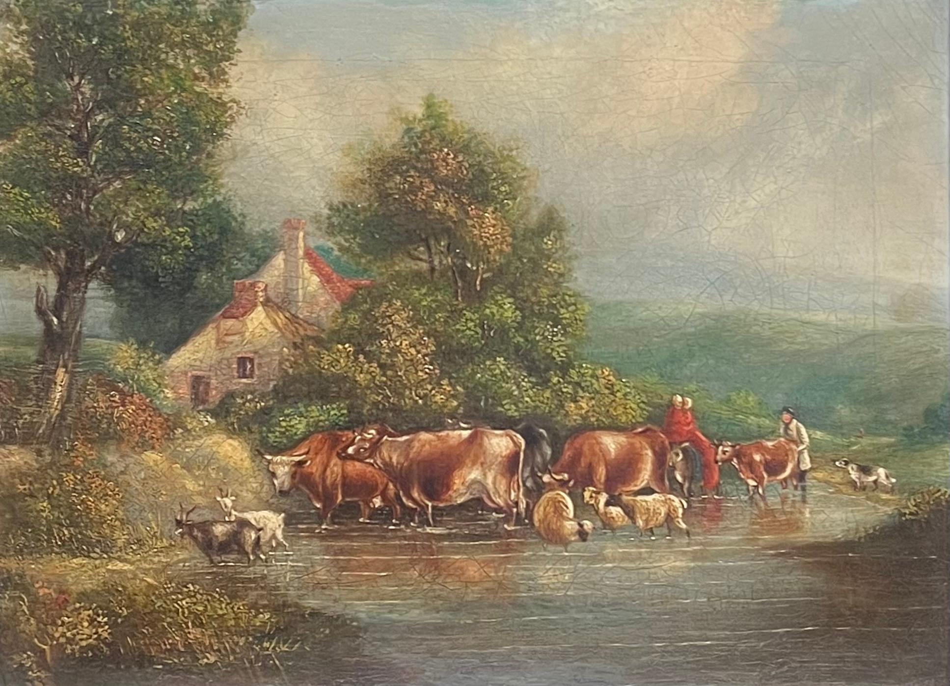 Tranquilidad campestre Ganado y ovejas cruzando un arroyo en un paisaje apacible - Painting de French School