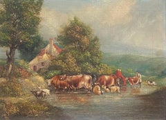 Tranquillità di campagna Bovini e pecore che attraversano un ruscello in un paesaggio pacifico