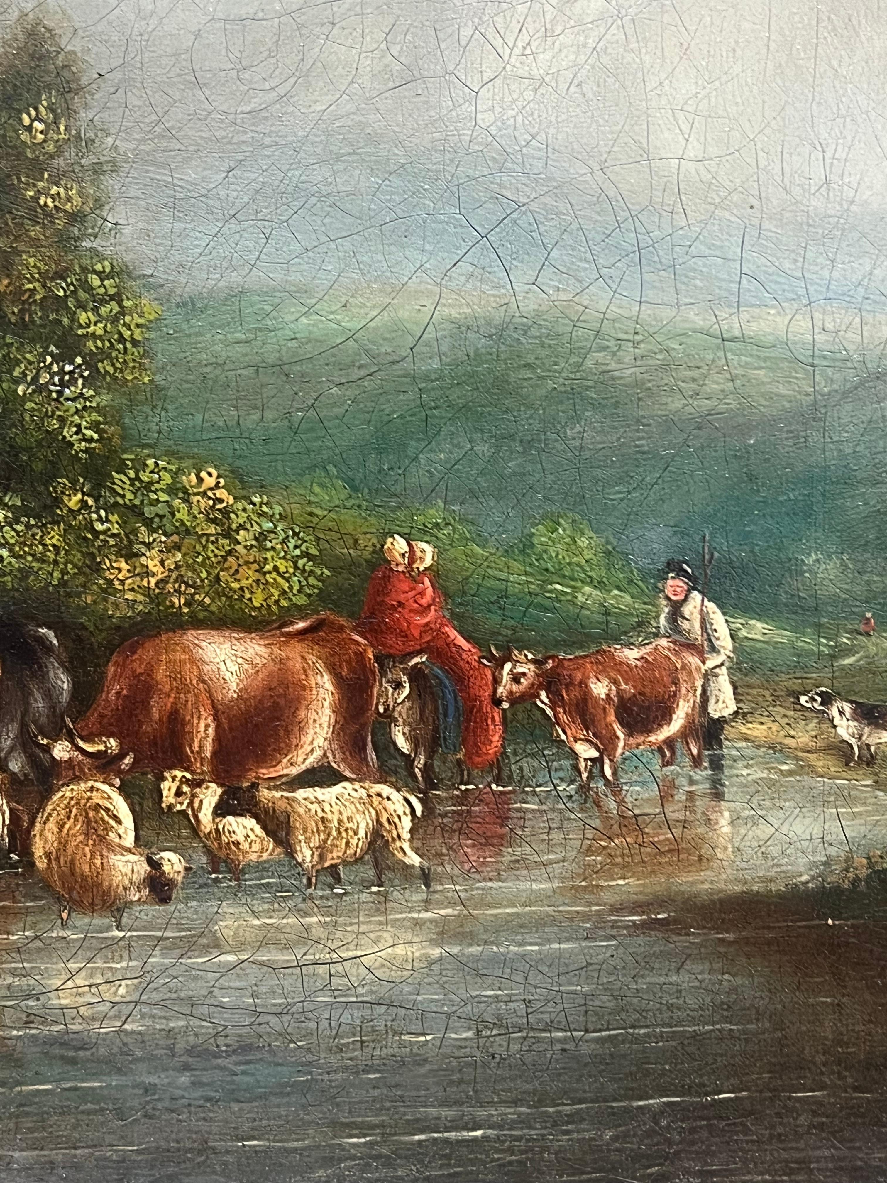 Tranquilidad campestre Ganado y ovejas cruzando un arroyo en un paisaje apacible - Painting Victoriano de French School