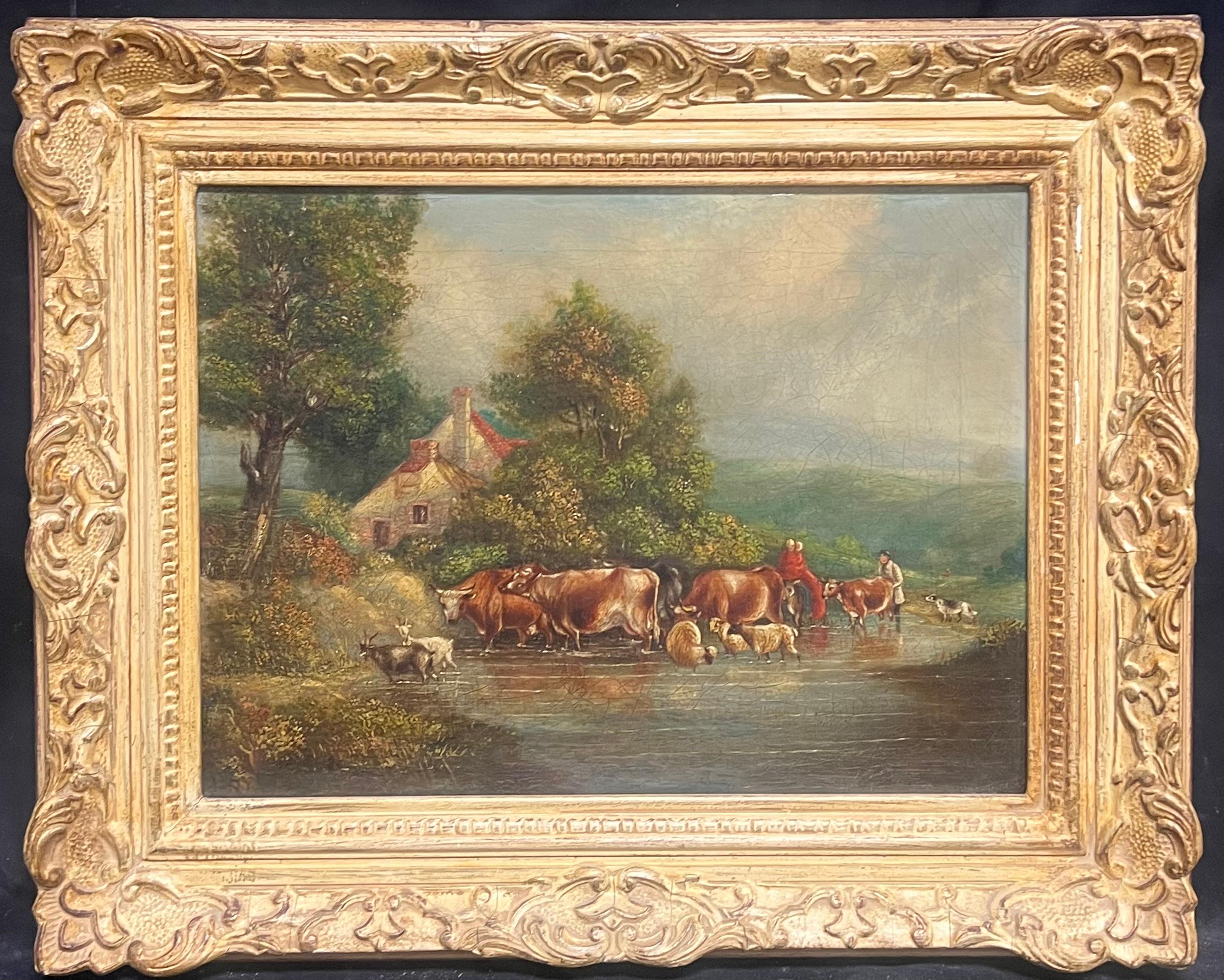 Landscape Painting de French School - Tranquilidad campestre Ganado y ovejas cruzando un arroyo en un paisaje apacible
