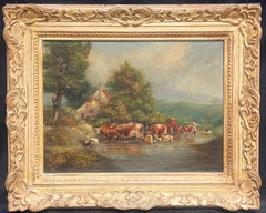 Tranquilität im Landhausstil Rinder und Schafe kreuzen einen Fluss in einer ruhigen Landschaft
