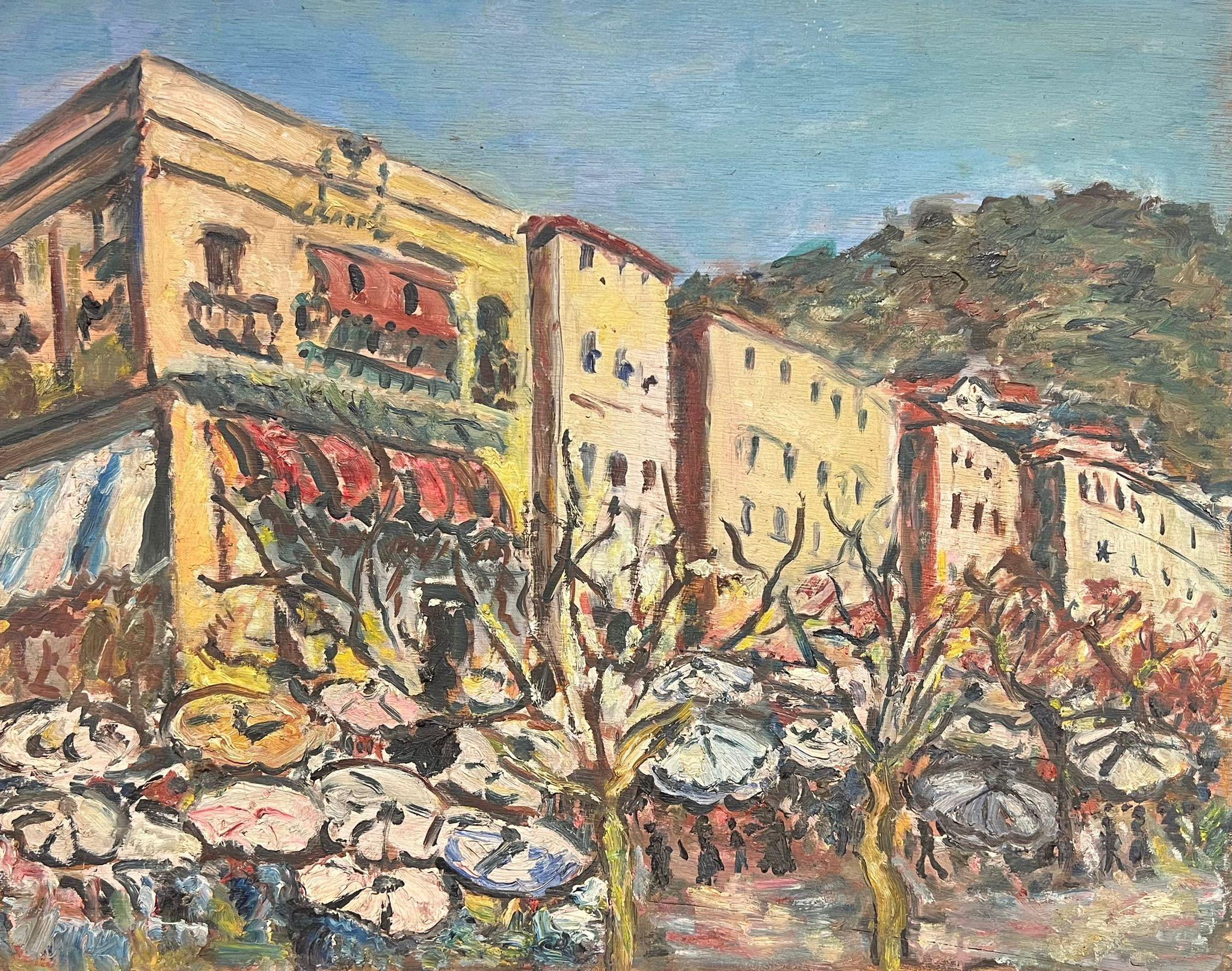 French School Landscape Painting - Cours Saleya Nice Old Town Market Square Flower Market Vintage Oil Painting