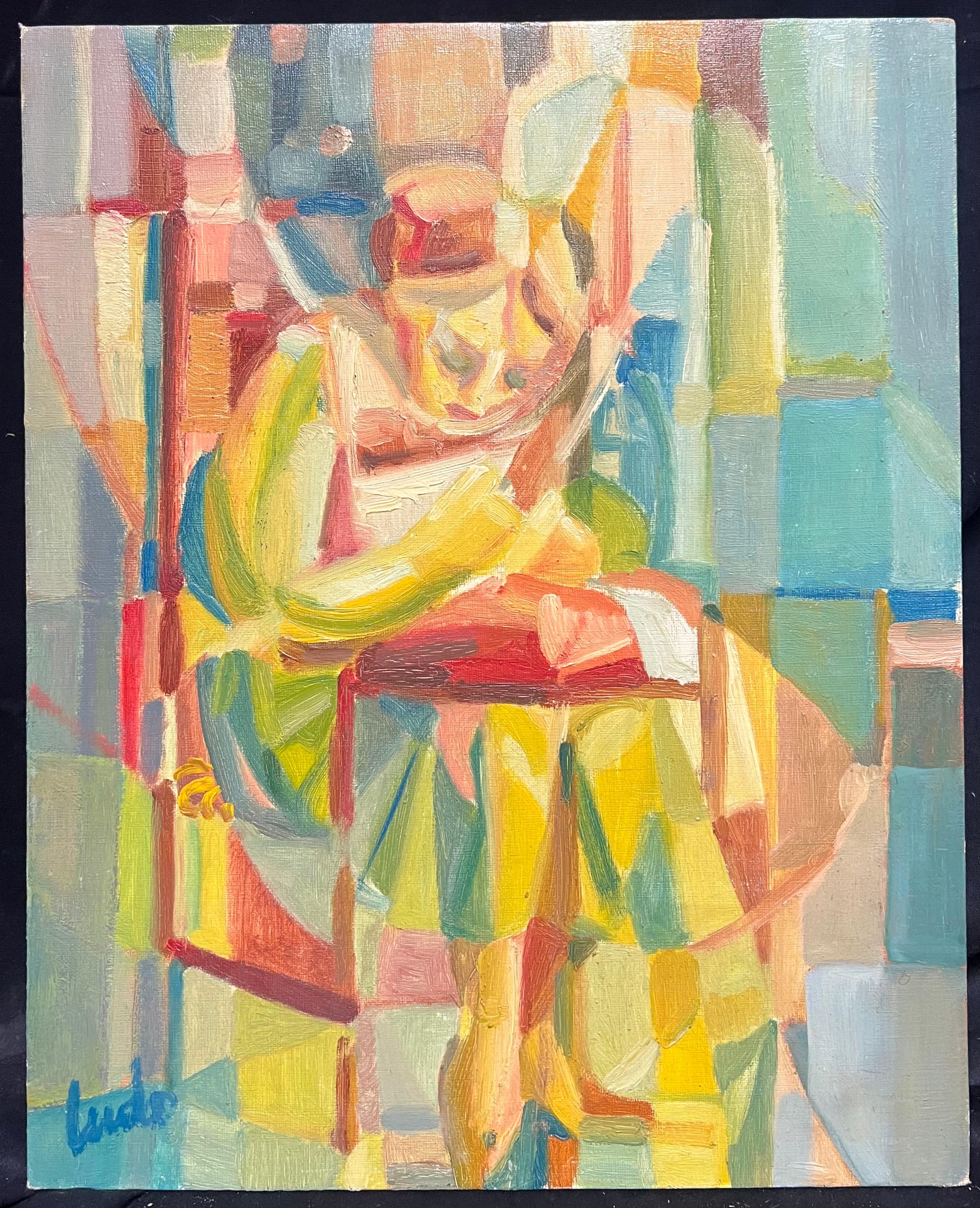 Cubist Abstract Portrait of Seated Woman Colorful Geometric Forms French 1950's - Painting by French School