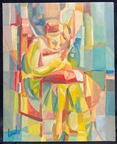 Cubist Abstract Portrait of Seated Woman Colorful Geometric Forms French 1950's