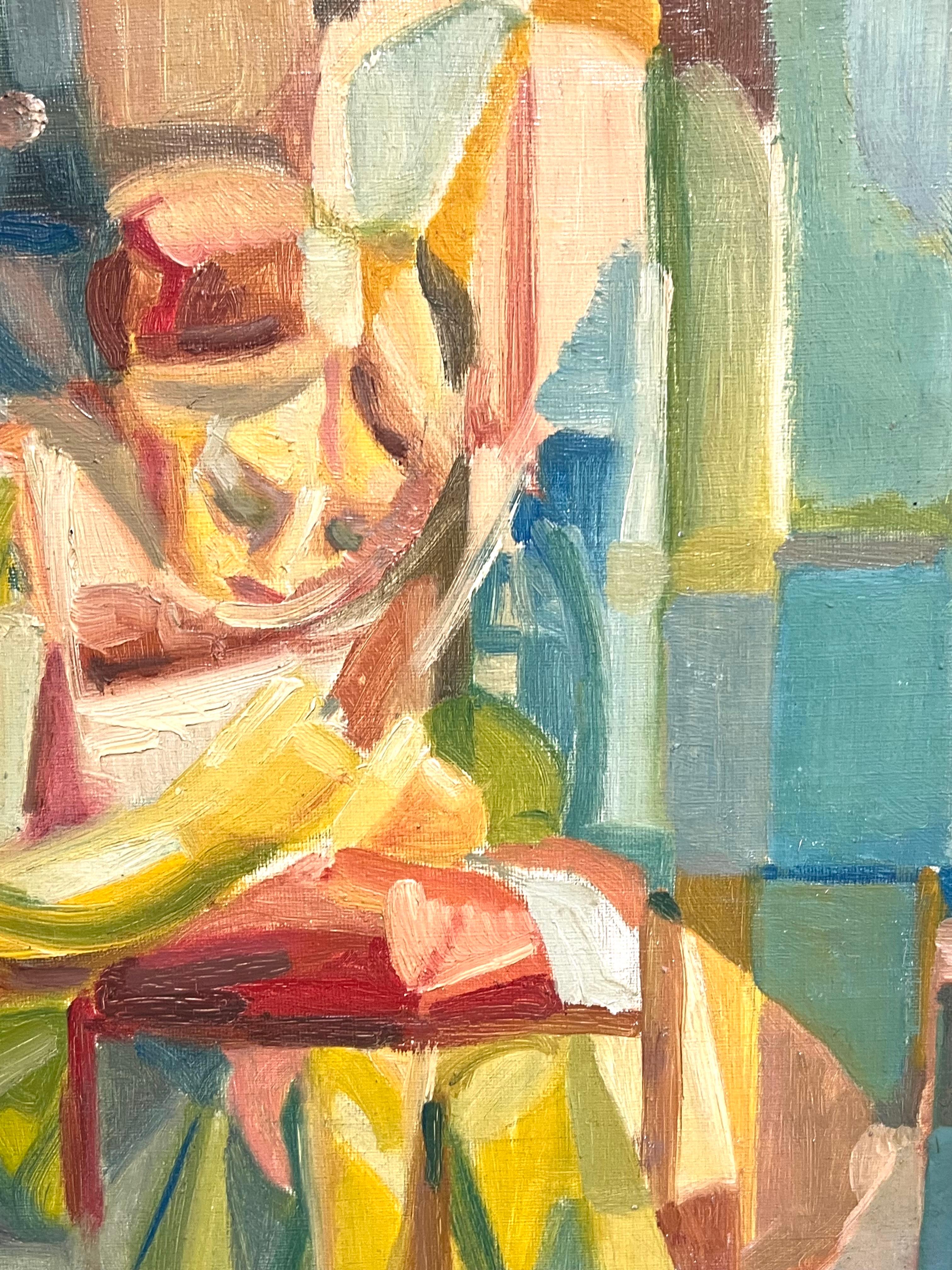 Cubist Abstract Portrait of Seated Woman Colorful Geometric Forms French 1950's - Impressionist Painting by French School